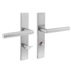 Intersteel Deurkruk Hoek 90° op rechthoekig schild met toilet-/badkamersluiting 72mm (klein krukgat) RVS - links