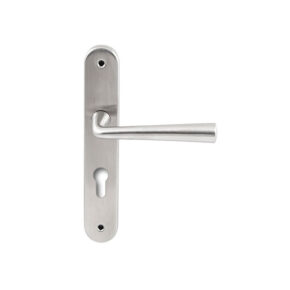 Hardbrass Deurkruk Mikonos RVS op ovaal langschild profielcilinder 72mm