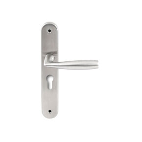 Hardbrass Deurkruk Naxos RVS op ovaal langschild profielcilinder 55mm