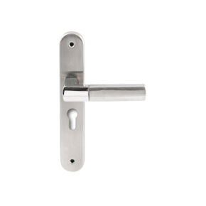 Hardbrass Deurkruk Rhodos RVS op ovaal langschild profielcilinder 55mm