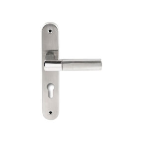 Hardbrass Deurkruk Rhodos RVS op ovaal langschild profielcilinder 72mm