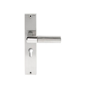 Hardbrass Deurkruk Rhodos RVS op rechthoekig langschild profielcilinder 55mm