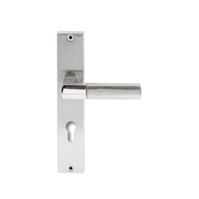 Hardbrass Deurkruk Rhodos RVS op rechthoekig langschild profielcilinder 72mm