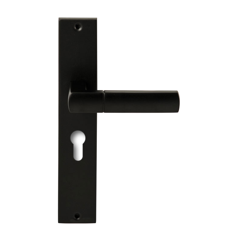 Hardbrass Deurkruk Rhodos Zwart op rechthoekig langschild profielcilinder 55mm
