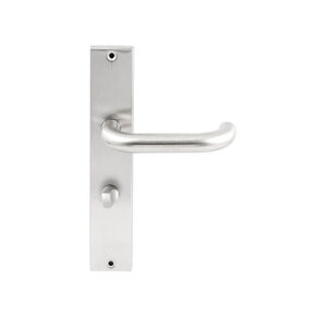 Hardbrass Deurkruk Stockholm RVS op rechthoekig langschild WC63mm met 8mm stift