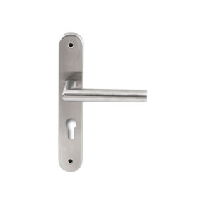 Hardbrass Deurkruk Toledo RVS op ovaal langschild profielcilinder 72mm