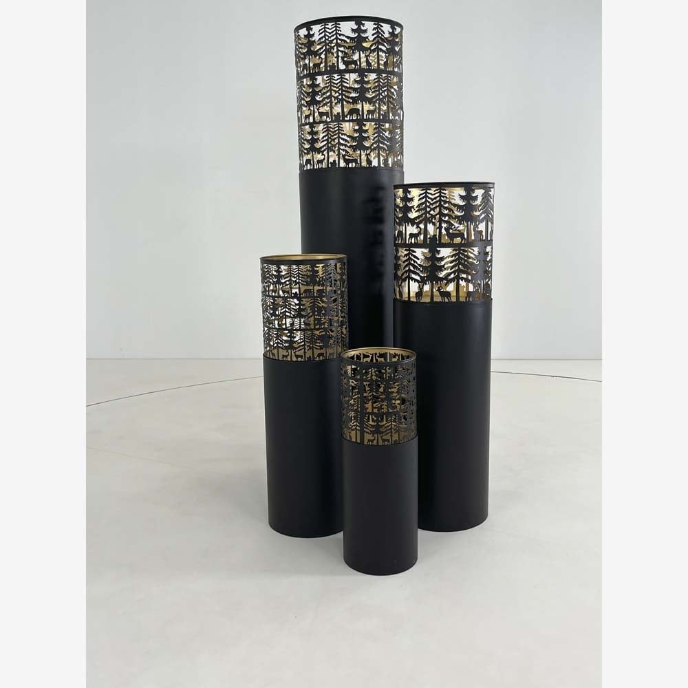 Windlicht zuil zwart/goud Set van 4 stuks
