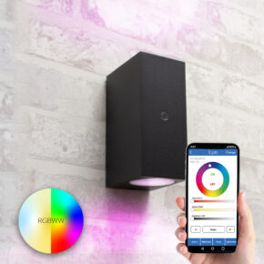 Zwarte up down wandlamp voor buiten met slimme Milight GU10 spots - Met schemersensor