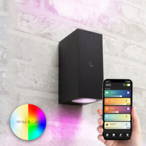 Zwarte up down wandlamp voor buiten met Zigbee GU10 spots - Met schemersensor